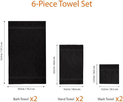 Amazon Basics 6-Piece Highly Absorbent Fade-Resistant Towel Set, 100% Cotton Towels for Bathroom, Soft, 2 Bath Towels, 2 Hand Towels, 2 Washcloths, Black