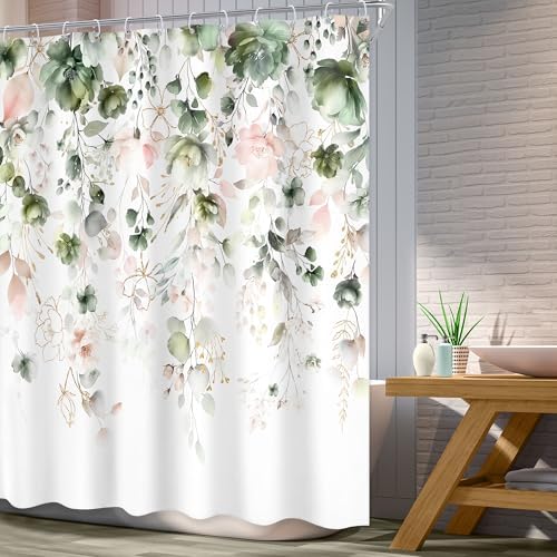 Summer Green Pink Floral Spring Eucalyptus Bathroom Shower Curtain Set