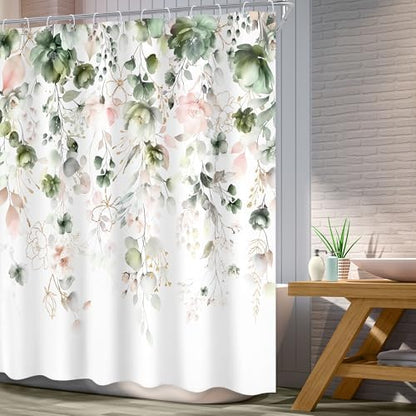Summer Green Pink Floral Spring Eucalyptus Bathroom Shower Curtain Set