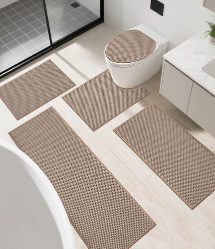 YIHOUSE Khaki Bathroom Rugs Sets 5 Pieces,Thin Bath Mat Quick Dry