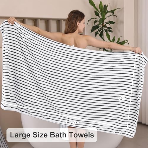 4 Pcs Black White Cabana Stripe Large Bath Towels Oversized Bath Sheet Super Soft Breathable Jumbo Bathroom Towels Highly Absorbent Shower Towel Quick Dry Beach Chair Towel Spa Gym Hotel Towel Set