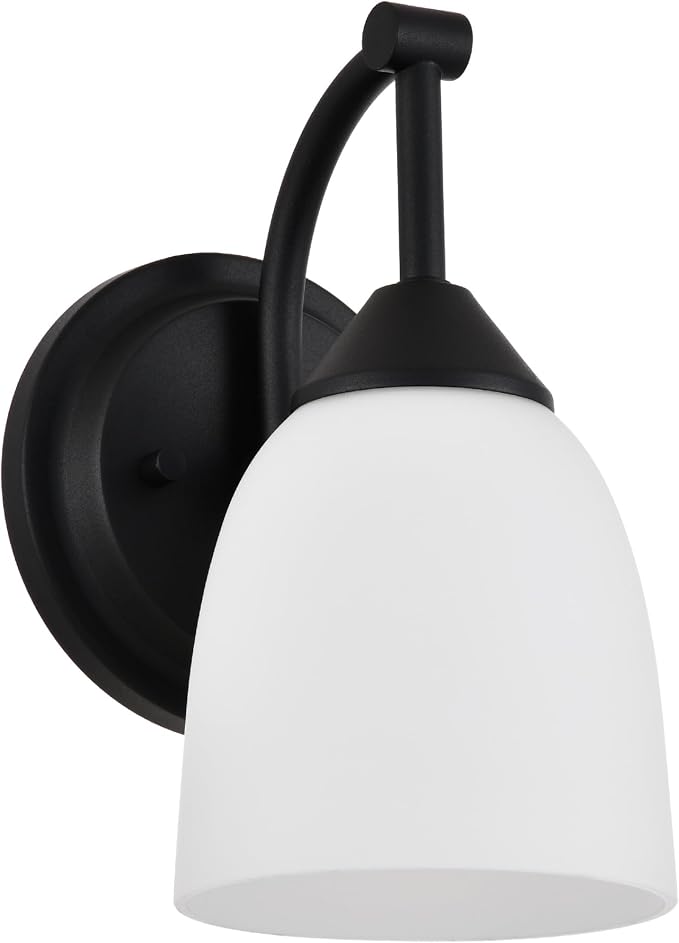 Traditional 1-Light Indoor Black Wall Sconce with Frosted Glass Bathroom Bedroom Hallway, 9.6" H x 5.5" W, Textured Black