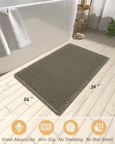 AMOAMI Upgraded Waffle Bath Mat, Super Absorbent Non Slip Bath Mats for Bathroom Floor, Machine Washable Bathroom Rugs with Tassels, Rubber Backed Bathroom Mats, Ultra Soft, 24" x 36", Green