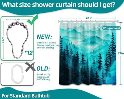 Dark Teal Forest Shower Curtain, 72x72 in, Mountain Rustic Pine Tree