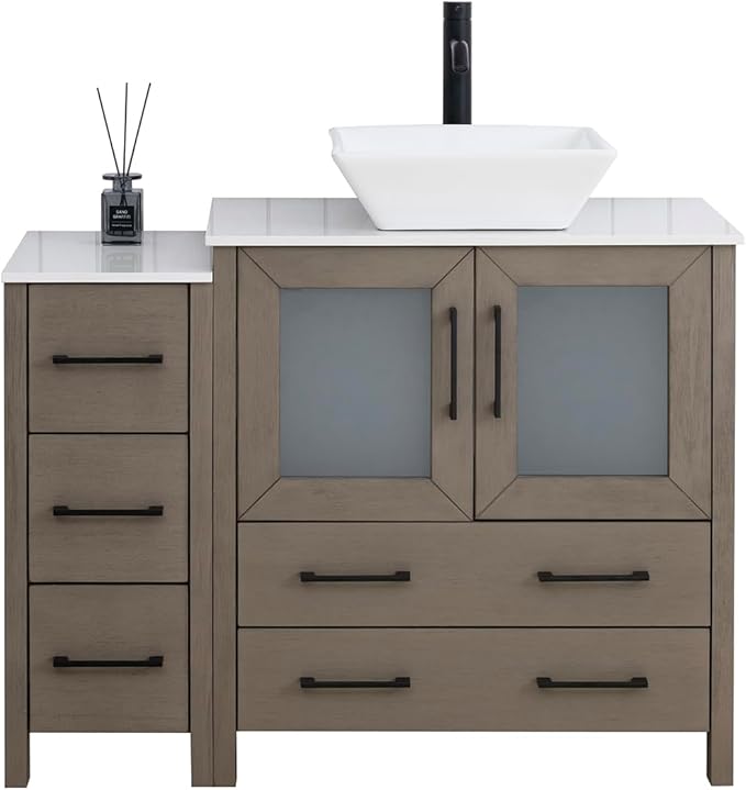 Vanity Art 42 Inch Vessel Single Sink Bathroom Vanity Cabinet with 1 Mirror, Engineered Marble Top Bathroom Cabinet Compact Set with 5 Dovetail Drawers and Soft Closing Doors, VA3130-42DG