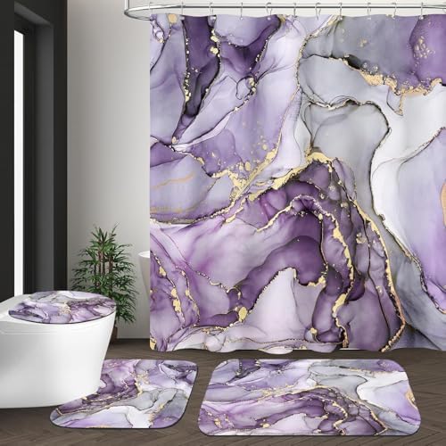 NBVKO 4Pcs Luxury Purple Marble Pattern Shower Curtain Set with 12 Hooks Non-Slip Rugs,Toilet Lid Cover and Bath Mat, Stylish Bathroom Decor for Hotel & Home Bathroom