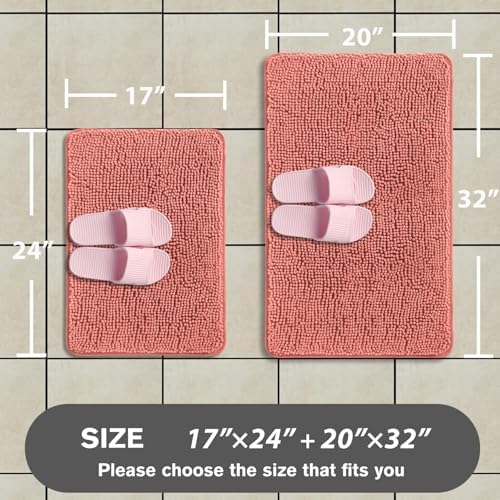Coral Bathroom Rugs Sets 2 Piece – Absorbent and Washable Bath Mat, Non-Slip, Thick Soft Chenille Bath Rugs for Bathroom, Shower, Sink - 17" x 24"+20" x 32"