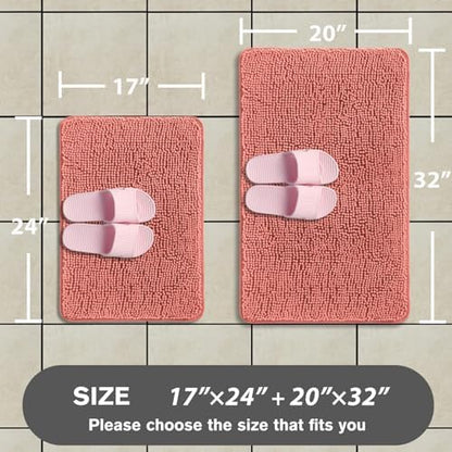 Coral Bathroom Rugs Sets 2 Piece – Absorbent and Washable Bath Mat, Non-Slip, Thick Soft Chenille Bath Rugs for Bathroom, Shower, Sink - 17" x 24"+20" x 32"