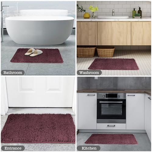 Yeaban Chenille Burgundy Bathroom Rug 17"x24", Non-Slip Rubber Backing