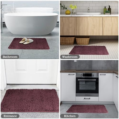 Yeaban Chenille Burgundy Bathroom Rug 17"x24", Non-Slip Rubber Backing