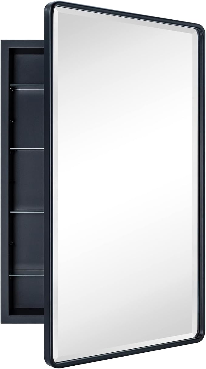TEHOME Farmhouse Matt Black Recessed Bathroom Medicine Cabinet with Mirror Rounded Rectangle Metal Framed Medicine Cabinet with Beveled Mirror 21x34''