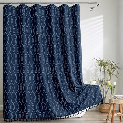 OVZME Navy Blue Shower Curtain for Bathroom, Puff Printed Textured Shower Curtain with Tassels, Rustic Geometry Heavy Duty Vintage Country Bathroom Curtain, Water Resistant Fabric, 72Wx72L Inches