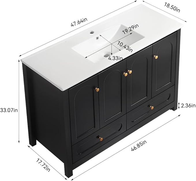 LZ LEISURE ZONE 48" Bathroom Vanity with Ceramic Sink Combo, Abundant Cabinet -4 Soft Close Doors and 2 Drawers, Black