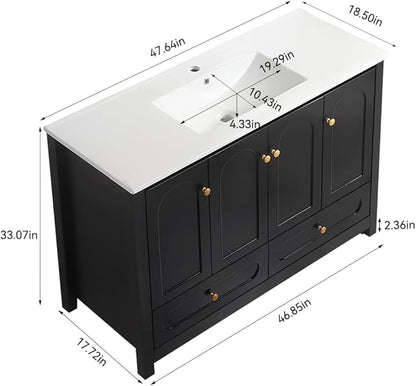 LZ LEISURE ZONE 48" Bathroom Vanity with Ceramic Sink Combo, Abundant Cabinet -4 Soft Close Doors and 2 Drawers, Black