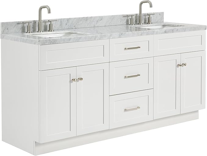 ARIEL Hamlet 72-inch Bathroom Vanity with Sink,Solid Wood, 1.5-inch Italian Carrara Marble Countertop, Double Rectangular Porcelain Sink, 4 Soft Closing Doors, 3 Dovetail Drawers, White