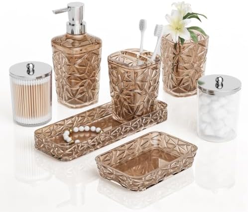 Bathroom Accessory Set, 7 Pcs Brown Bathroom Set, Acrylic Soap Dispenser and Toothbrush Holder Set, Qtip Holder Set, Bathroom Sink Set, Gift for Home Apartment