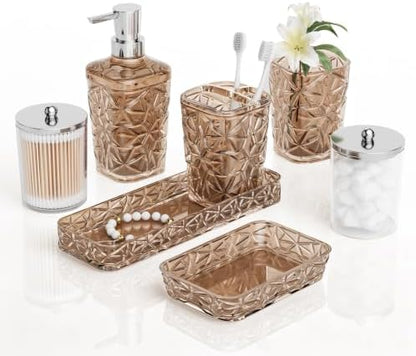 Bathroom Accessory Set, 7 Pcs Brown Bathroom Set, Acrylic Soap Dispenser and Toothbrush Holder Set, Qtip Holder Set, Bathroom Sink Set, Gift for Home Apartment