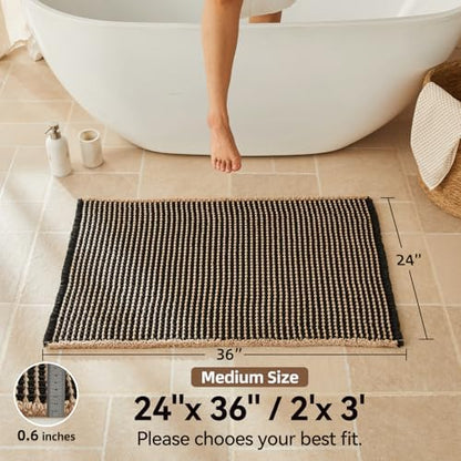 Triohero Waffle Bath Mat, Boho Bathroom Rugs Non Slip, 24x36 Black & Khaki