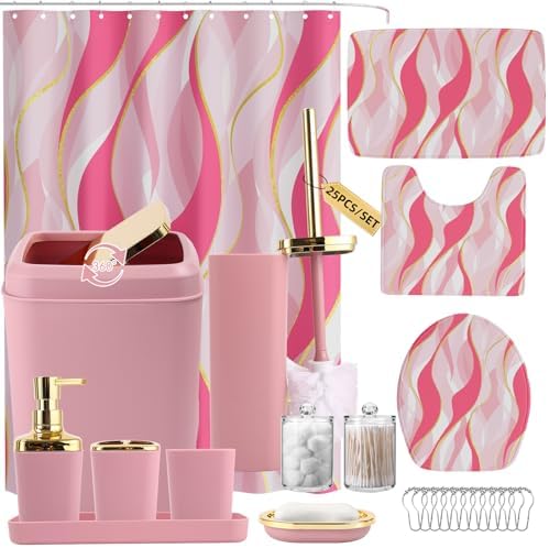 XLHOMO Bathroom Set - Pink and Gold Bathroom Accessories, Bathroom Sets with Shower Curtain and Rugs, Pink Shower Curtain Set with Bathroom Trash Can, Soap Dispenser, Soap Dish for Home Decor