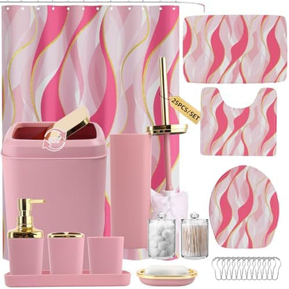 XLHOMO Bathroom Set - Pink and Gold Bathroom Accessories, Bathroom Sets with Shower Curtain and Rugs, Pink Shower Curtain Set with Bathroom Trash Can, Soap Dispenser, Soap Dish for Home Decor