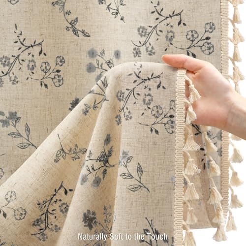 Black Floral Farmhouse Vintage Linen Shower Curtain with Tassel 72Wx72H