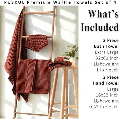 PÜSKÜL Natural 100% Turkish Cotton Waffle Towels Set of 4-Piece, Brick-Red