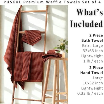 PÜSKÜL Natural 100% Turkish Cotton Waffle Towels Set of 4-Piece, Brick-Red