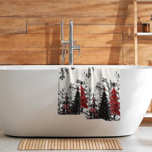 Christmas Tree Hand Towels Set of 2, 28x14 Inch Rustic Red Black Plaid Xmas Pine Forest Bells Absorbent Quick Drying Washcloths Tea Towel for Kitchen Bathroom Household Supplies