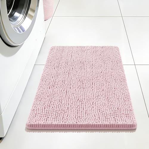 Bcoimo Small Bath Rug Mat,24x17 Chenille Non Slip Pink Bathroom Shower Mat