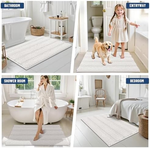 Grandaily Chenille Striped Bathroom Rugs 24x16, Extra Thick and Absorbent Bath Mats, Non-Slip Soft Plush Shaggy Shower Carpet, Machine Wash Dry, Bath Rug for Bathroom, (Small, Cream)