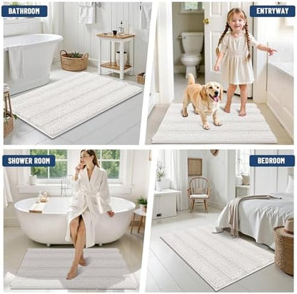 Grandaily Chenille Striped Bathroom Rugs 24x16, Extra Thick and Absorbent Bath Mats, Non-Slip Soft Plush Shaggy Shower Carpet, Machine Wash Dry, Bath Rug for Bathroom, (Small, Cream)
