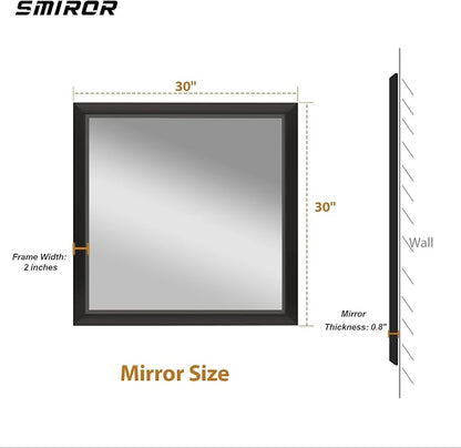 SMIROR 30x30 Matte Black Bathroom Vanity Mirror for Over Sink | Metal Wide Frame, Rectangle, Right- Angle Corner, Anti-Rust, Horizontally or Vertically Wall- Mounted for Home Remodel