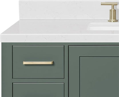 Beckford 48-inch Vintage Green Bathroom Vanity with Center Rectangle Single Sink, Carrara White Quartz Countertop & Backsplash, Solid Wood Frame, Soft-Closing & Dovetail Drawers