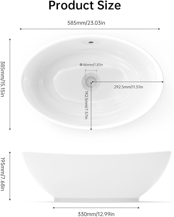 NUESTRA VIDA 23×15.2×7.7 inch Bathroom Vessel Sink, Modern Egg Shape Vanity Sink Above Counter Art Basin with Overflow, Oval Vessel Sink Bowl for Vanity Surface Mounted, Glossy White