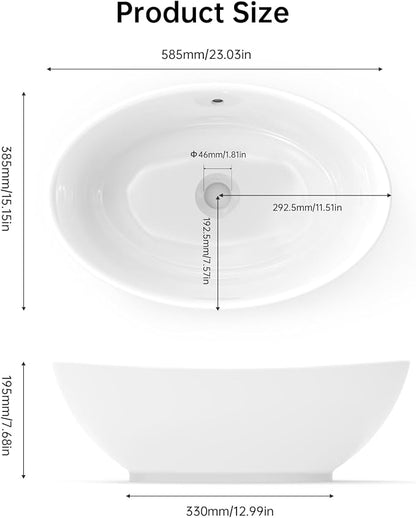 NUESTRA VIDA 23×15.2×7.7 inch Bathroom Vessel Sink, Modern Egg Shape Vanity Sink Above Counter Art Basin with Overflow, Oval Vessel Sink Bowl for Vanity Surface Mounted, Glossy White
