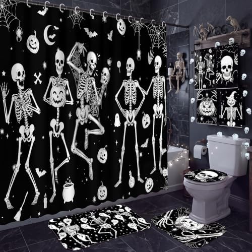 FuWeave 8 Pcs Halloween Shower Curtain Set for Bathroom Decor Include Dancing Skeleton Skull Ghost Pumpkin Towels Halloween Non Slip Spider Web Rugs Toilet Lid Cover Bat Bath Mat and 12 Hooks