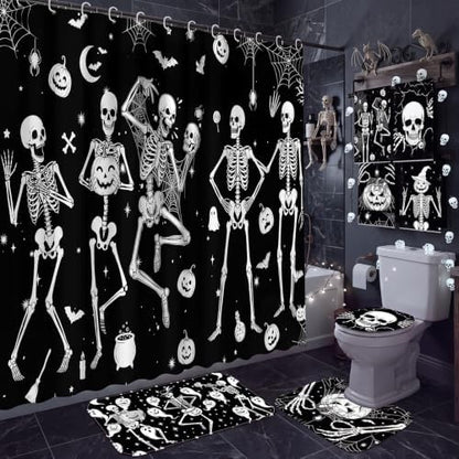 FuWeave 8 Pcs Halloween Shower Curtain Set for Bathroom Decor Include Dancing Skeleton Skull Ghost Pumpkin Towels Halloween Non Slip Spider Web Rugs Toilet Lid Cover Bat Bath Mat and 12 Hooks