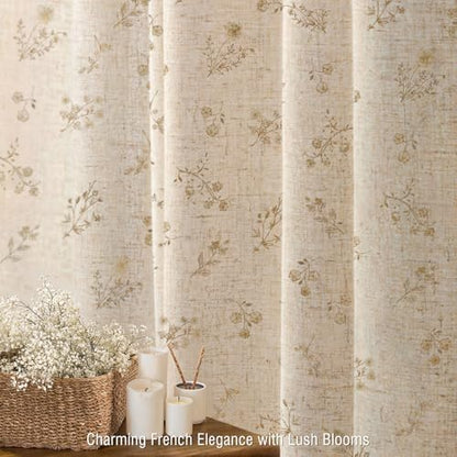 Beige Floral Farmhouse Vintage Linen Shower Curtain French Country 72Wx72H