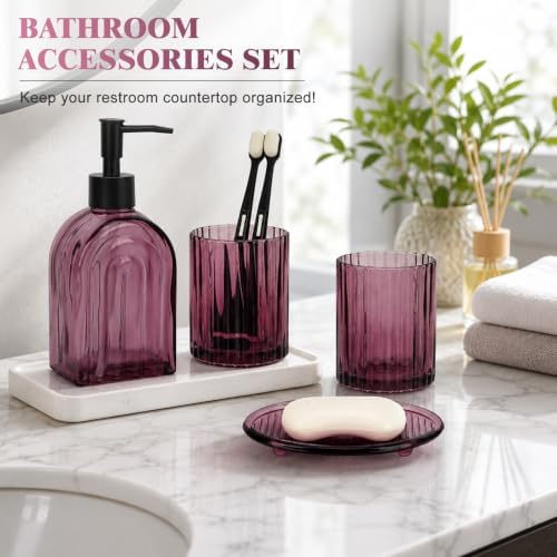 Bathroom Accessories Set, 4Pcs Glass Bathroom Accessories Set Complete, 13.5OZ Lotion Soap Dispenser, Toothbrush Holder, Mouthwash Cup, Soap Dish for Bathroom Decor, Countertop Organizer (Purple)