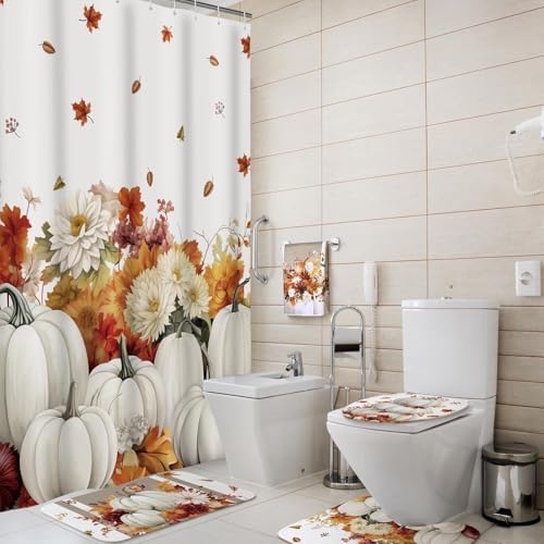 Honoson 8 Pcs Fall Bathroom Shower Curtain Set with Rugs and Towls