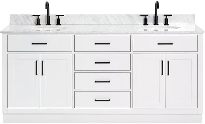 ARIEL Hepburn 72-inch Bathroom Vanity with Sink,Solid Wood, 0.75-inch Italian Carrara Marble Countertop & Backsplash, Double Oval Porcelain Sink, 4 Soft Closing Doors, 6 Dovetail Drawers, White