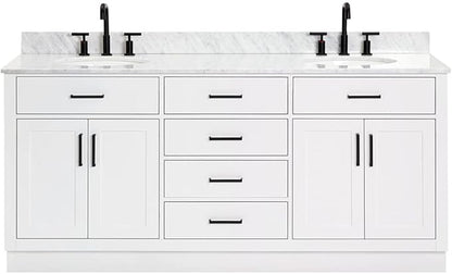 ARIEL Hepburn 72-inch Bathroom Vanity with Sink,Solid Wood, 0.75-inch Italian Carrara Marble Countertop & Backsplash, Double Oval Porcelain Sink, 4 Soft Closing Doors, 6 Dovetail Drawers, White