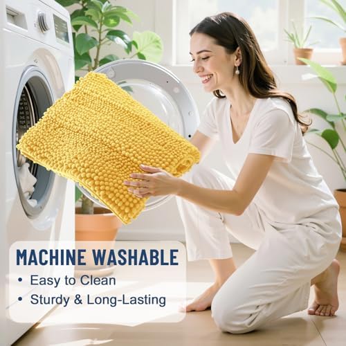 Grandaily Chenille Striped Bathroom Rugs 59x20, Extra Thick and Soft Absorbent Bath Mats, Rubber Backing, Plush Shaggy Shower Carpet, Machine Wash Dry, Bath Rug for Bathroom, Light Yellow