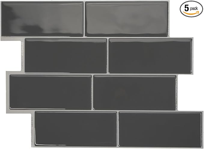 Smart Tiles Peel and Stick backsplash, Subway Charcoal Gray, 11.55"x8.38" | Pack of 5 (2.8 sq ft), Glossy, Heat/Moisture Resistant, Low VOC, Kitchen/Bathroom, Renter Friendly, Made in Canada