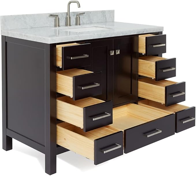ARIEL Cambridge 42-inch Bathroom Vanity with Sink,Solid Wood, 1.5-inch Italian Carrara Marble Countertop, Single Rectangular Porcelain Sink, 2 Soft Closing Doors, 9 Dovetail Drawers, Espresso