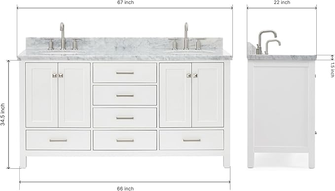 ARIEL Cambridge 66-inch Bathroom Vanity with Sink,Solid Wood, 1.5-inch Italian Carrara Marble Countertop & Backsplash, Double Oval Porcelain Sink, 4 Soft Closing Doors, 6 Dovetail Drawers, White