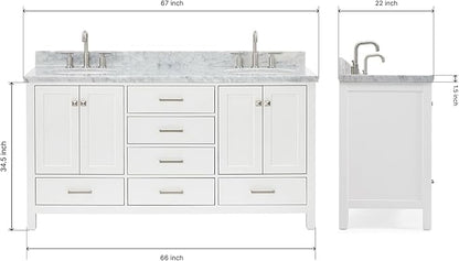 ARIEL Cambridge 66-inch Bathroom Vanity with Sink,Solid Wood, 1.5-inch Italian Carrara Marble Countertop & Backsplash, Double Oval Porcelain Sink, 4 Soft Closing Doors, 6 Dovetail Drawers, White