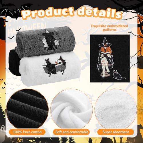 FuWeave 3 Pcs Black White Halloween Witch Hand Towels for Bathroom