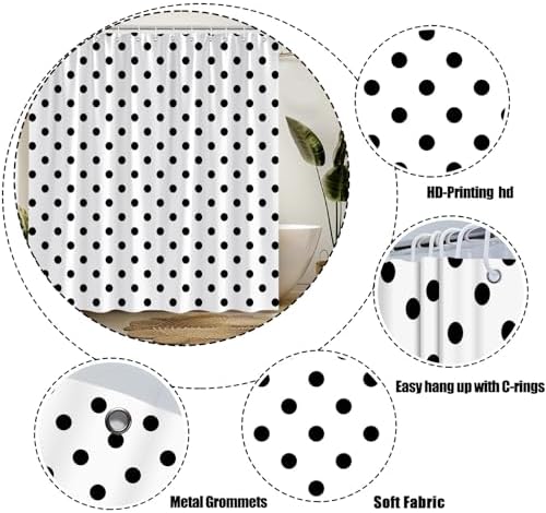 Polka Dot Shower Curtain Black White Retro Spot Vintage Fabric Decorative Bathroom Curtains with Hooks,70" Wx75 H