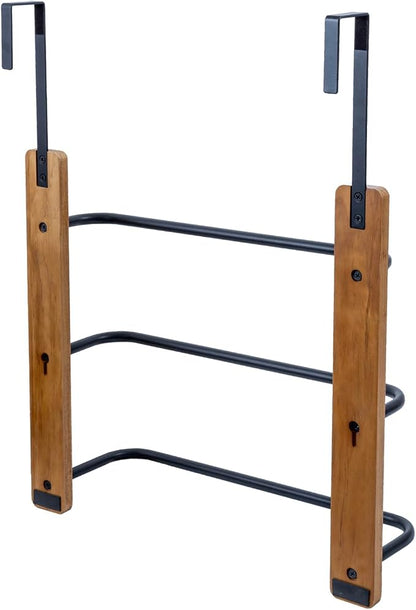 MyGift Over The Door Towel Rack for Bathroom, Rustic Solid Burnt Wood Towel Storage Organizer, 3 Tier Matte Black Metal Towel Bar, Space Saving Bathroom Door Hanging Towel Holder | Compact Bathroom Hanging Solution For Bath Linens Robes Shower Essentia...
